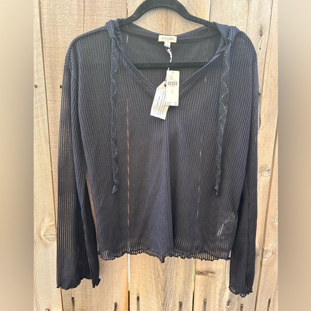 Anthropologie Pilcro Sheer Stripe Lightweight Hooded Pullover in Black small